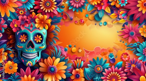 Dia de los Muertos Poster with Skeleton in Sombrero Playing Guitar, Marigold Petals, Papel Picado, Candle, and Sugar Skulls on Purple Background