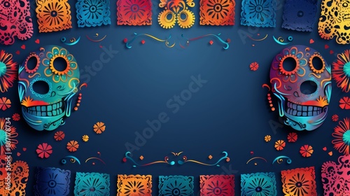 Dia de los Muertos Poster with Skeleton in Sombrero Playing Guitar, Marigold Petals, Papel Picado, Candles, and Sugar Skulls on Purple Background