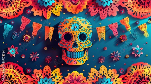 Dia de los Muertos Poster with Skeleton in Sombrero Playing Guitar, Marigold Petals, Papel Picado, Candles, and Sugar Skulls