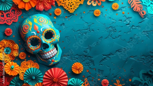 Dia de los Muertos Poster: Skeleton in Sombrero Playing Guitar with Marigold Petals, Papel Picado, Candle, and Sugar Skulls on Purple Background