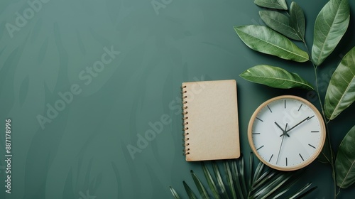 Clock, Notebook, and Green Leaves on Green Background.