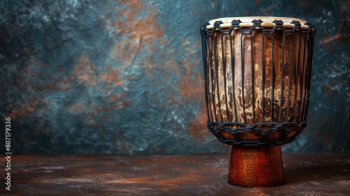 Closeup of an African Djembe Drum with Blue Background.