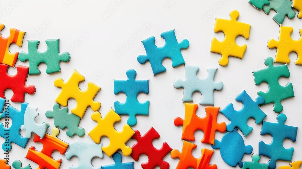Fototapeta premium Colorful puzzle pieces on white background.