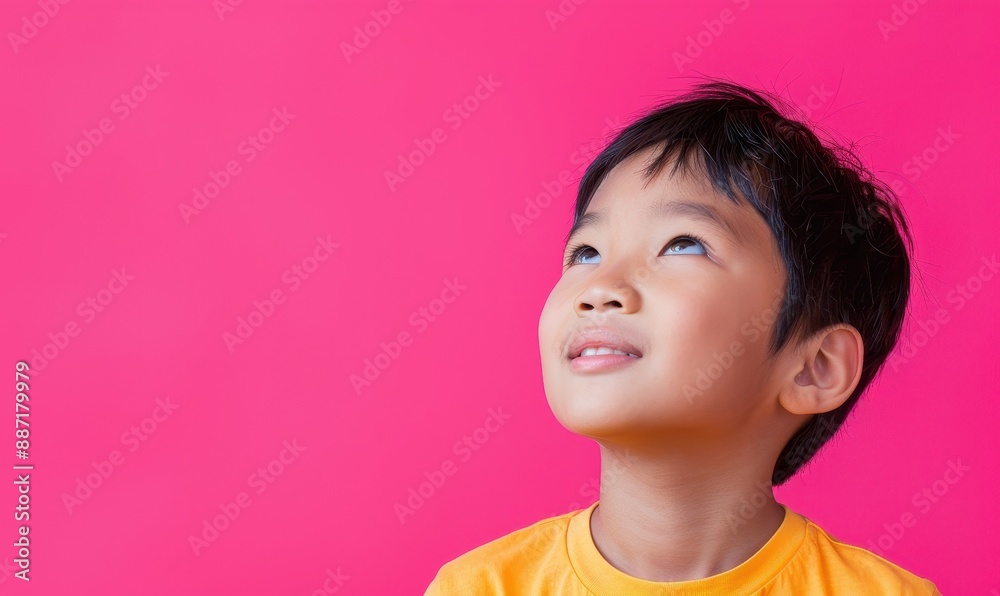 Curious young boy looking up, pink background. Curious young boy looking up, pink background.