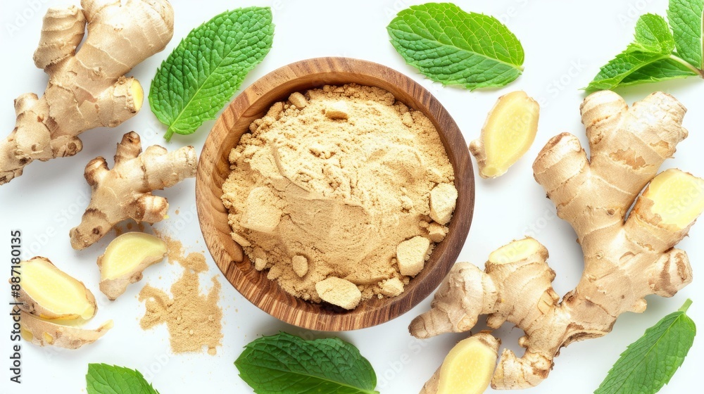 Ginger root and ginger powder in the bowl Ginger root and ginger powder in the bowl
