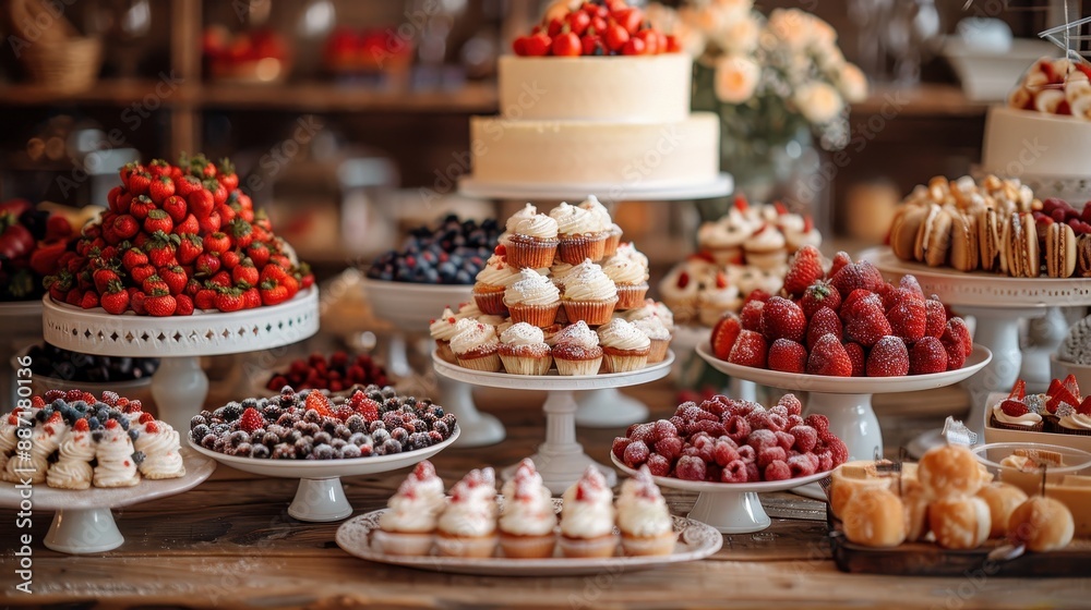 Delicious dessert table with cupcakes, cake, fruits and pastries. Delicious dessert table with cupcakes, cake, fruits and pastries.