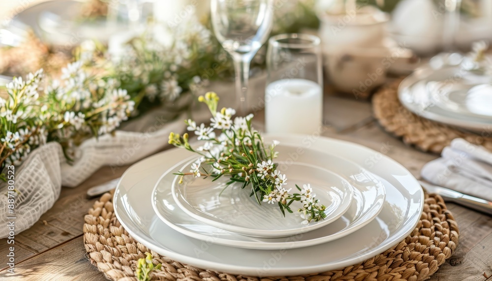 Elegant table setting with white plates and flowers. Elegant table setting with white plates and flowers.