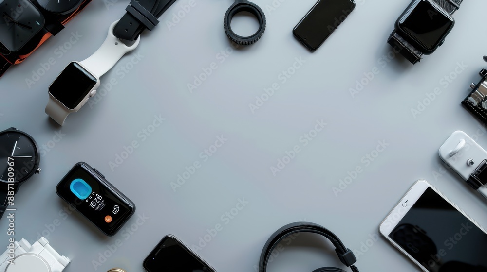 Flat lay of modern technology devices on grey background. Flat lay of modern technology devices on grey background.