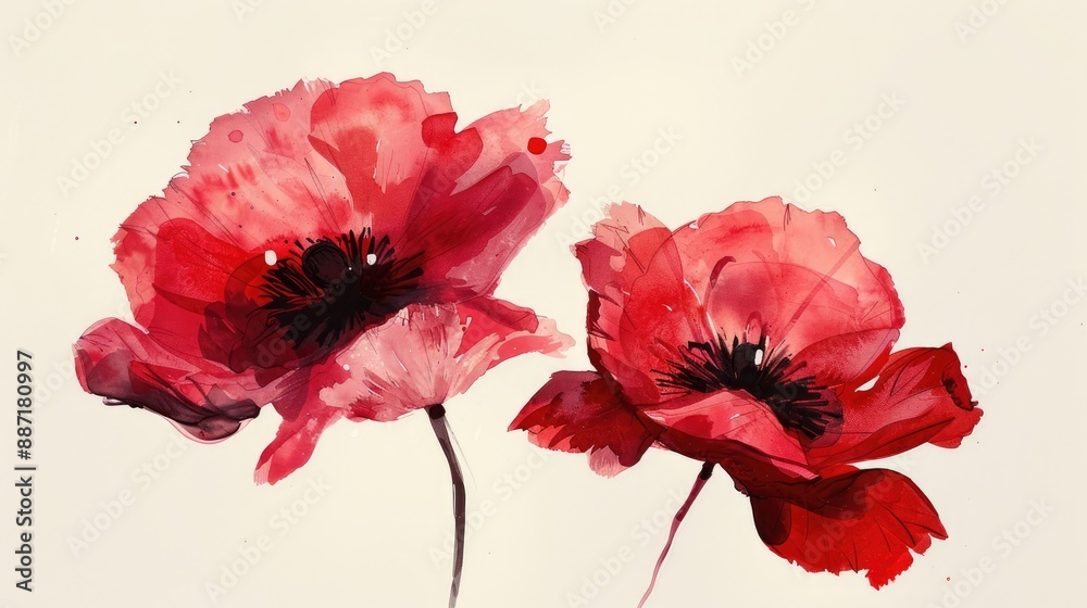 Pair of crimson poppies on a blank backdrop Pair of crimson poppies on a blank backdrop