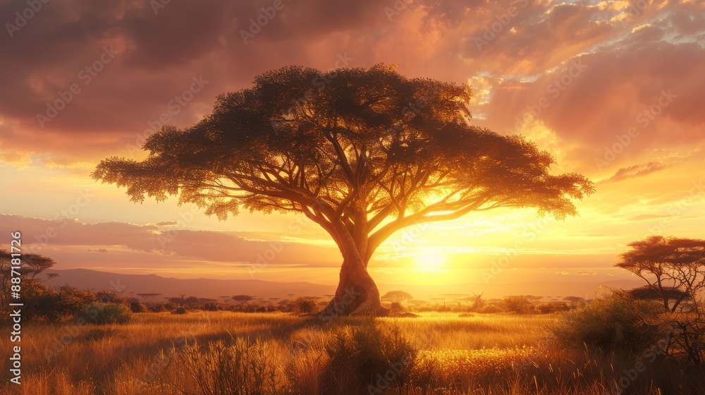 Sunset Over African Acacia Tree in Golden Savanna Landscape for Nature, Travel, and Wildlife Posters