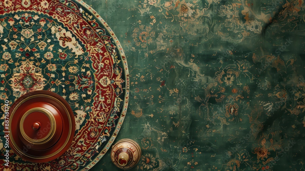 Obraz premium Green and Gold Patterned Rug and Wooden Lid.