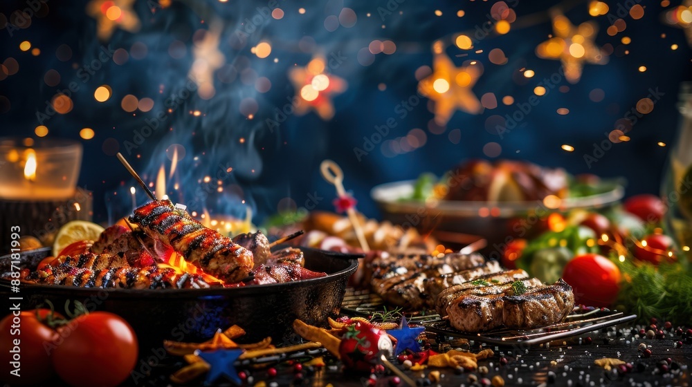 Grilled Meat with Festive Lights. Grilled Meat with Festive Lights.