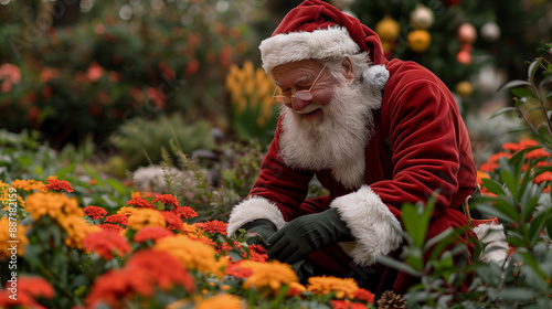 Fototapeta Naklejka Na Ścianę i Meble -   Santa Claus gardening with flowers for Christmas Eve