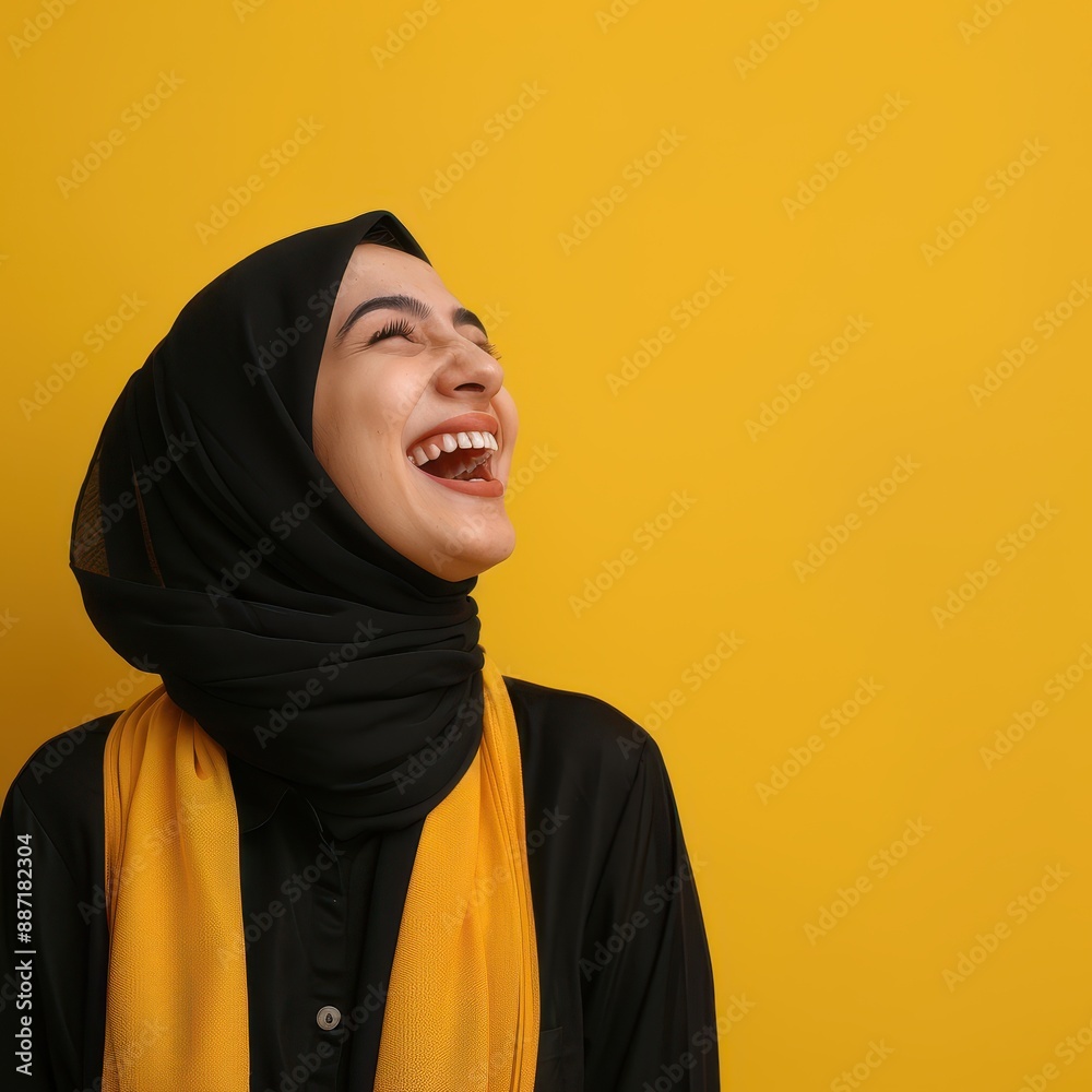 Happy Muslim woman in hijab smiling against yellow background. Happy Muslim woman in hijab smiling against yellow background.