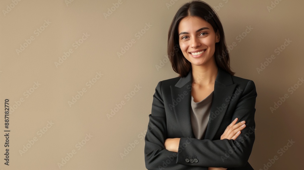 Confident Young Italian Businesswoman in Black Blazer, Smiling While Standing Against a Neutral Background for Professional Profile Confident Young Italian Businesswoman in Black Blazer, Smiling While Standing Against a Neutral Background for Professional Profile