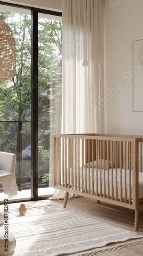 Minimalist Nursery with Crib, Rug, and Natural Light.