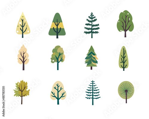 Simple tree vector illustration, set of flat trees icon, cute forest tree nature elements, isolated on white background