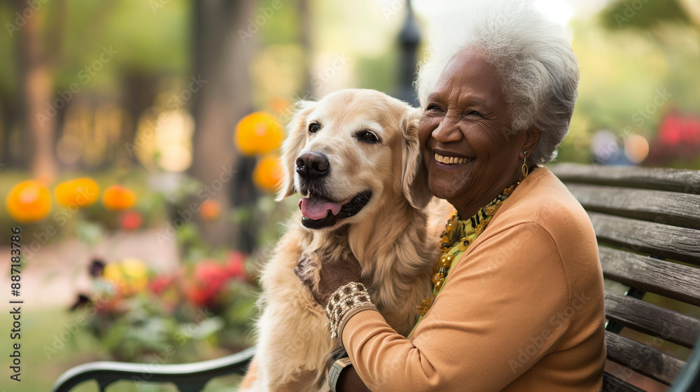 The elderly African American woman is cuddling her happy dog while sitting on a park bench, with vibrant greenery in the background: trees, flowers, and a walkway The elderly African American woman is cuddling her happy dog while sitting on a park bench, with vibrant greenery in the background: trees, flowers, and a walkway