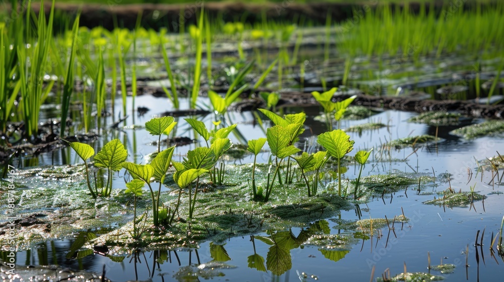 Aquatic plants thriving in the mud of rice paddies Aquatic plants thriving in the mud of rice paddies