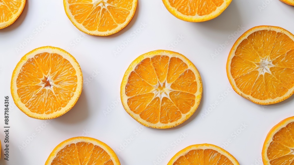 Arrangement of orange slices on white surface Arrangement of orange slices on white surface