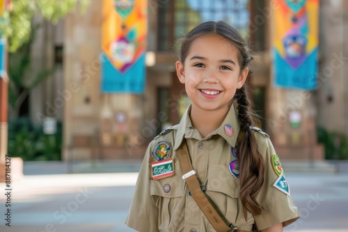 Portrait of a smiling girl scout wearing her uniform.