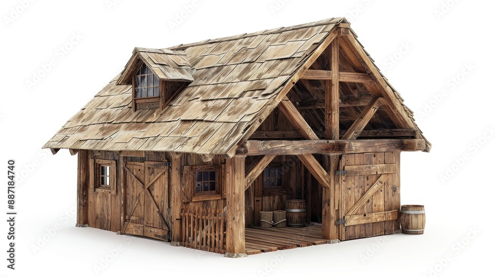 A small, old, wooden building with a slanted roof. A small, old, wooden building with a slanted roof.