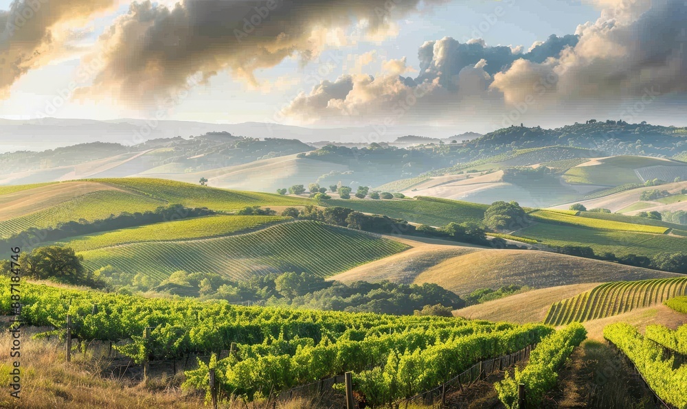 Naklejka premium Rolling hills vineyard landscape with dramatic clouds.