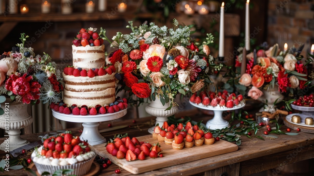 Rustic wedding dessert table with naked cake and fresh strawberries.