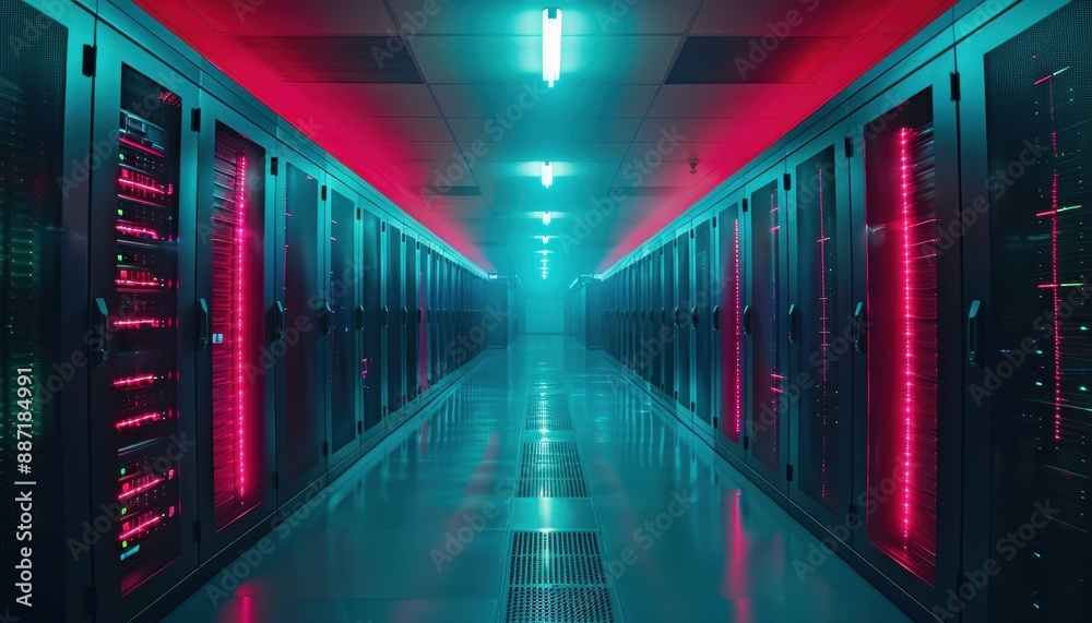Fototapeta premium Server Room with Neon Lights.