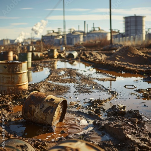 Rusty barrels in a polluted puddle.
