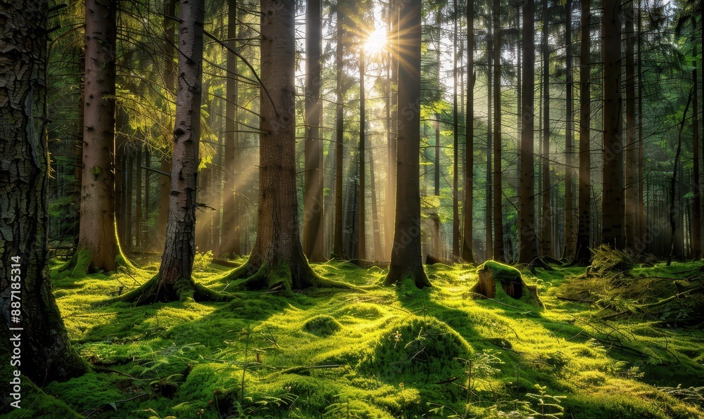 Fototapeta premium Sunbeams Illuminating a Lush Forest Floor.