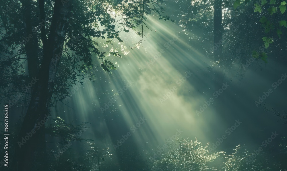 Obraz premium Sunbeams through Forest Mist.