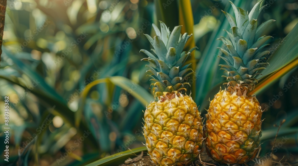 A close-up view of two ripe pineapples growing in a lush tropical garden, illuminated by the warm rays of the sun A close-up view of two ripe pineapples growing in a lush tropical garden, illuminated by the warm rays of the sun