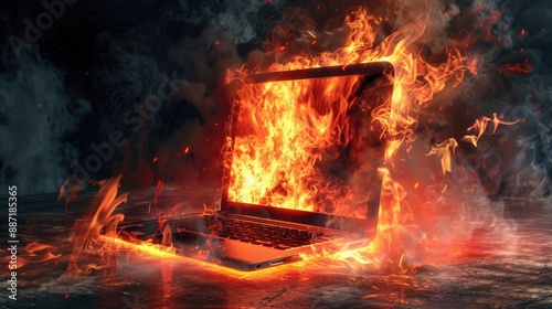 A burning laptop with smoke and flames symbolizing. Generate AI image