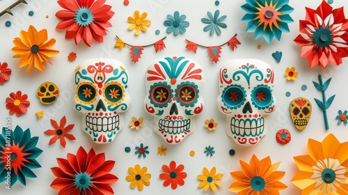 Dia de los Muertos Poster: Skeleton in Sombrero Playing Guitar with Marigold Petals, Papel Picado, Candle, and Sugar Skulls on Purple Background