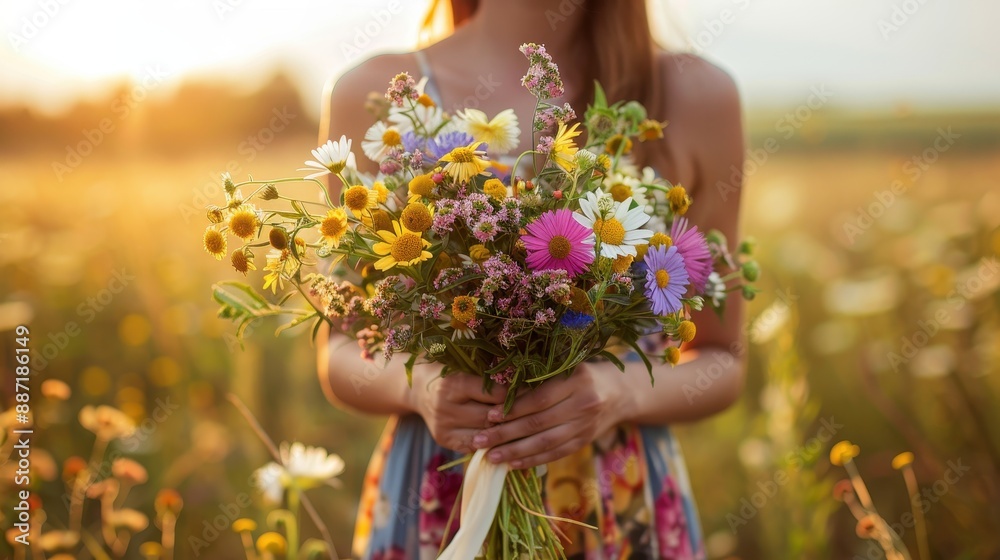 custom made wallpaper toronto digitalWoman holding a wildflower bouquet in a field.