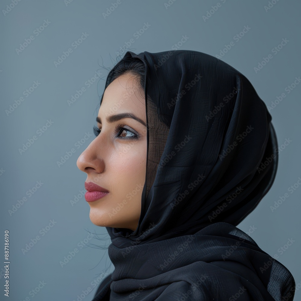 Woman in hijab looking to the side, profile portrait. Woman in hijab looking to the side, profile portrait.