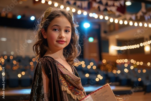 Young girl in a velvet dress on a stage with lights.