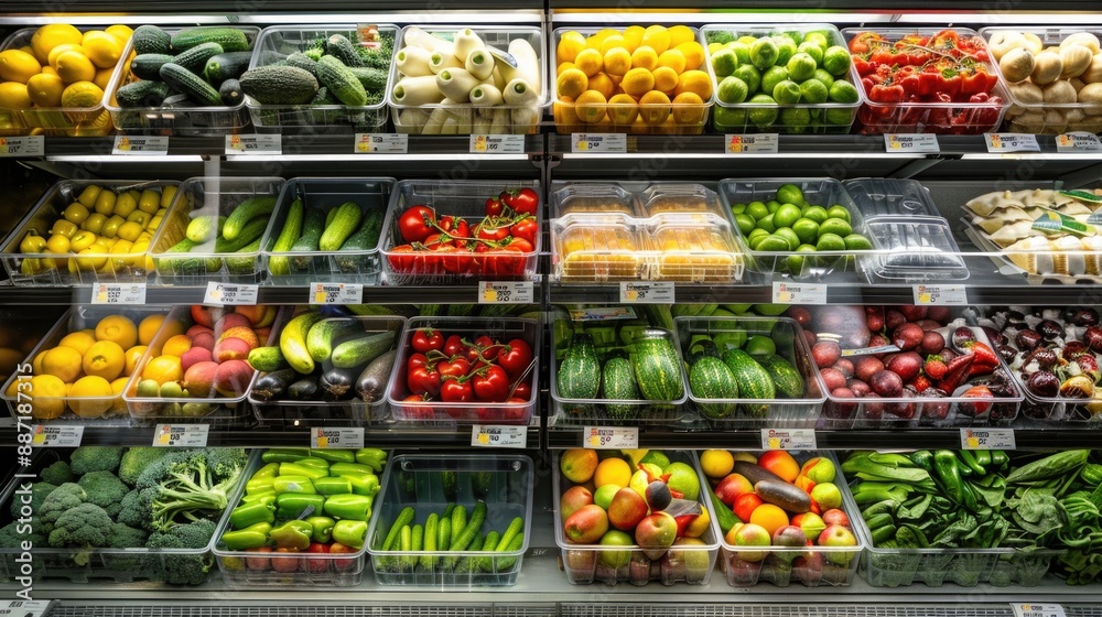 Fruits and vegetables in the refrigerated shelf of a supermarket Fruits and vegetables in the refrigerated shelf of a supermarket