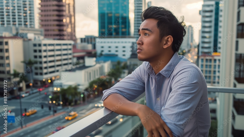 Fototapeta premium Contemplative Young Man at Urban Balcony Overlooking City Skyline During Sunset, Diversity in Urban Life