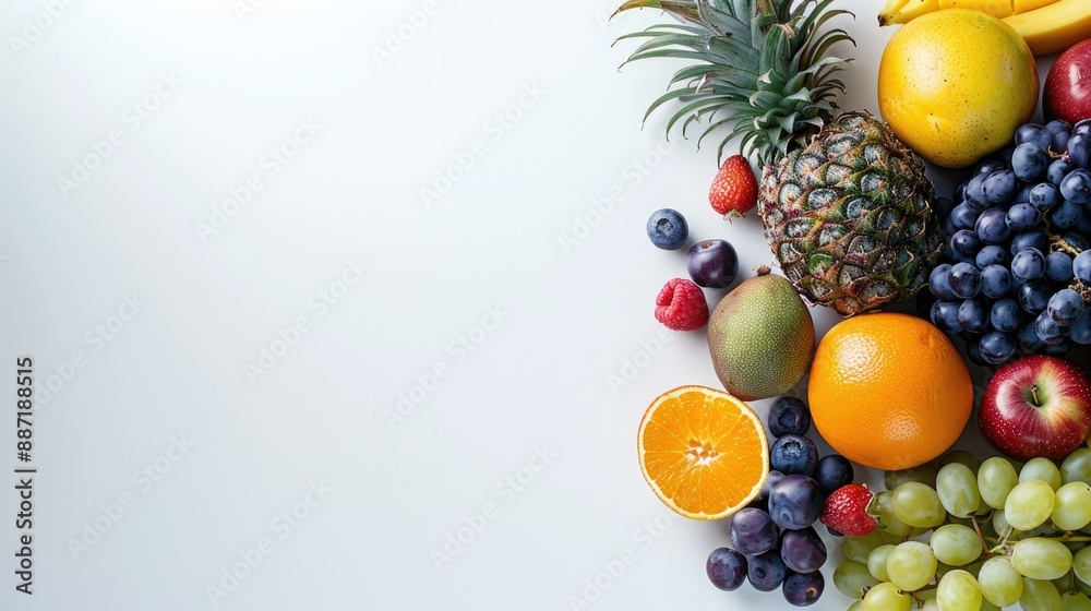Assorted fruits isolated on white background for high resolution product photography with space for text Assorted fruits isolated on white background for high resolution product photography with space for text