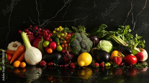 Assorted fresh vegetables and fruits displayed on a black surface