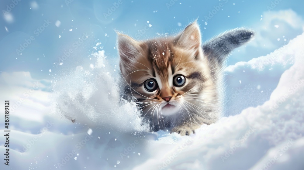 Fototapeta premium A cute kitten is playing in the snow. Generate AI image