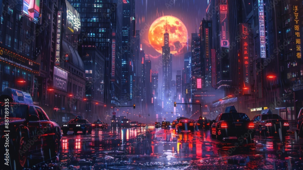 Obraz premium A cyberpunk cityscape at night with neon lights. Generate AI image