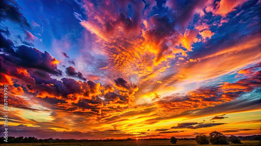 Vibrant and captivating sunset sky with colorful clouds and silhouetted landscape, dramatic, sunset, background, beauty Vibrant and captivating sunset sky with colorful clouds and silhouetted landscape, dramatic, sunset, background, beauty