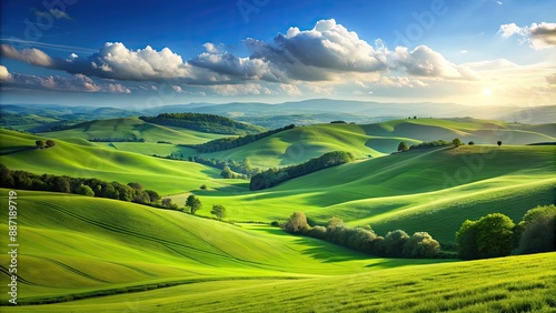 Green landscape with rolling hills and a clear horizon over the land, Green, landscape, horizon, hills, nature