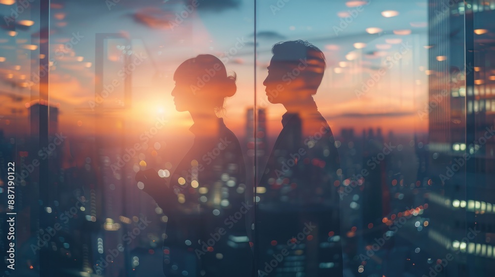 Obraz premium A double exposure of two business people standing together. Generate AI image