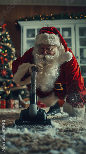 santa claus using a vacuum cleaner cleaning and doing household cleaning activities