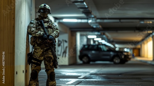 Delta Force operative in urban camo gear staying alert in a parking garage © Jojo