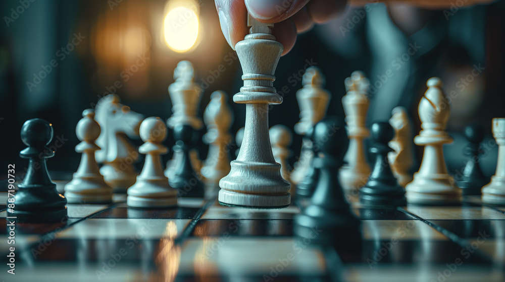 A chessboard with a person's hand holding a white king chess piece. The king is positioned next to other white chess pieces, while the opposite side of the board has black chess pieces A chessboard with a person's hand holding a white king chess piece. The king is positioned next to other white chess pieces, while the opposite side of the board has black chess pieces